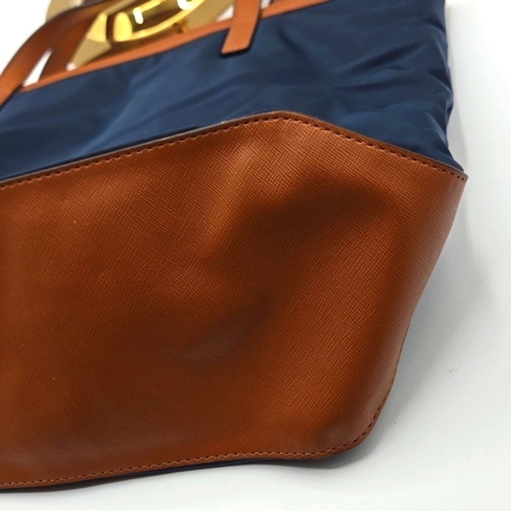 MICHAEL KORS Medium Nylon Tote Navy w/ Cognac Straps Gold MK 🔐 - Picture 11 of 11